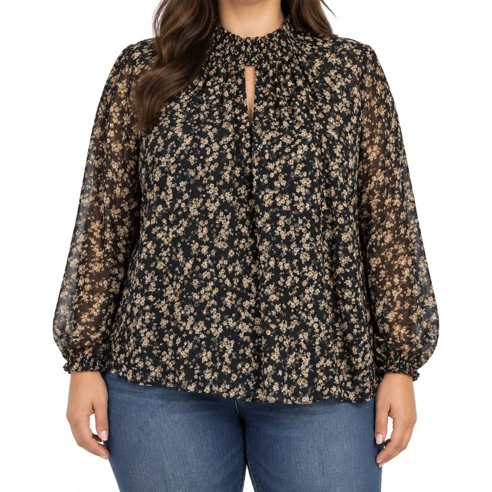 Lush Womens Plus Black Floral Chiffon Smocked Mock Neck Blouse Top XL